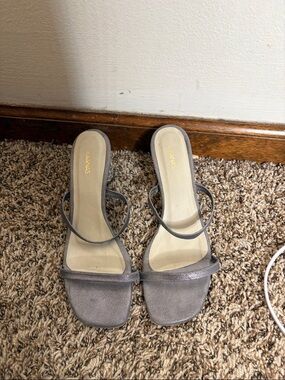 Kaanas Gray Metallic Double-Strap Square-Toe Slide Mules